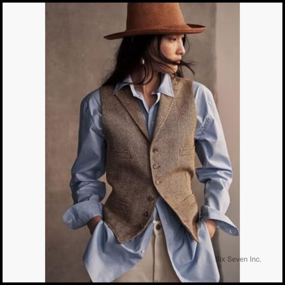 Herringbone Tweed Sleeveless Blazer Vest Lapel V Neck Office Wear - Picture 2 of 7